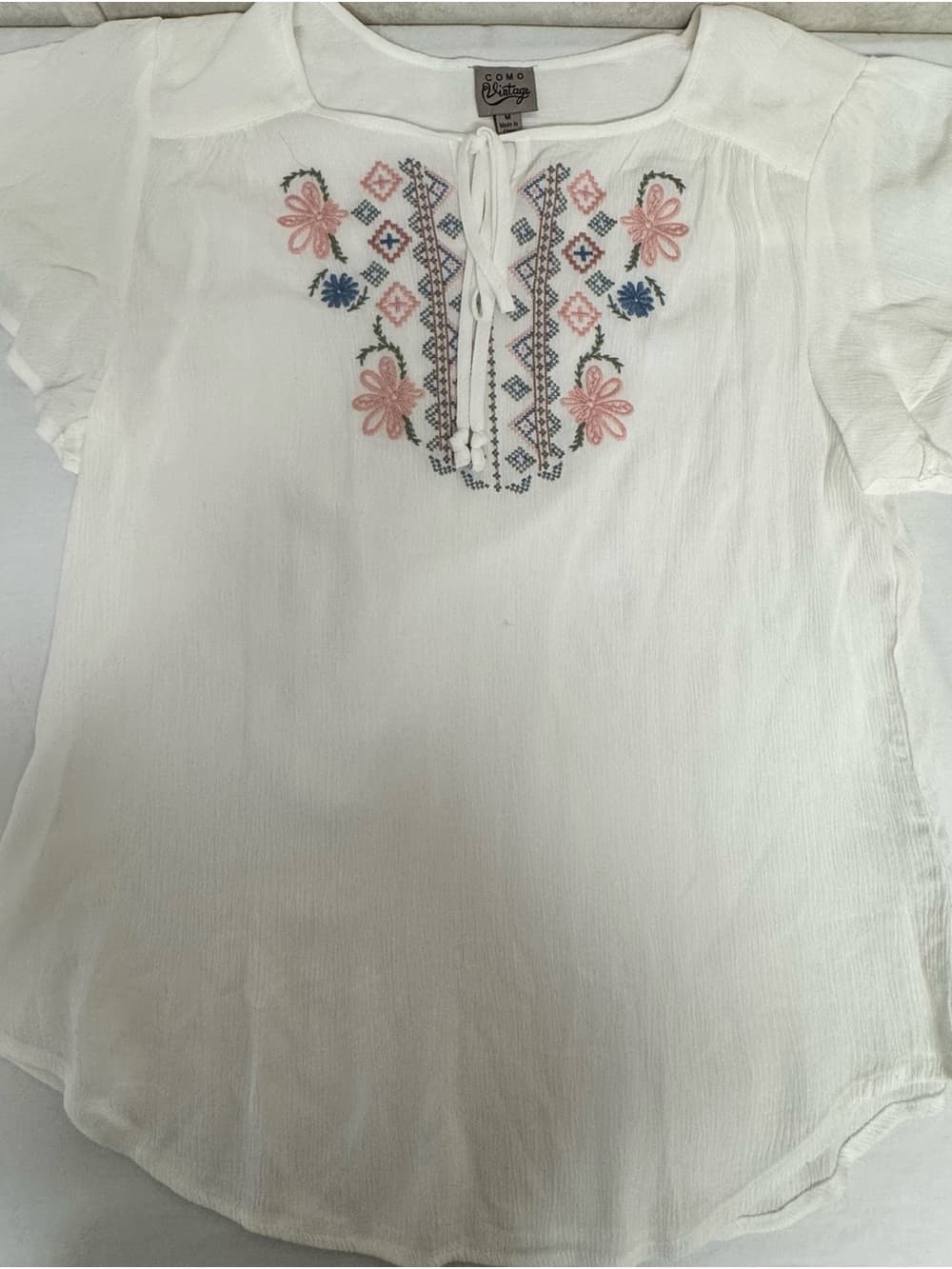 Como Vintage White Peasant Top with Pink & Blue Embroidery