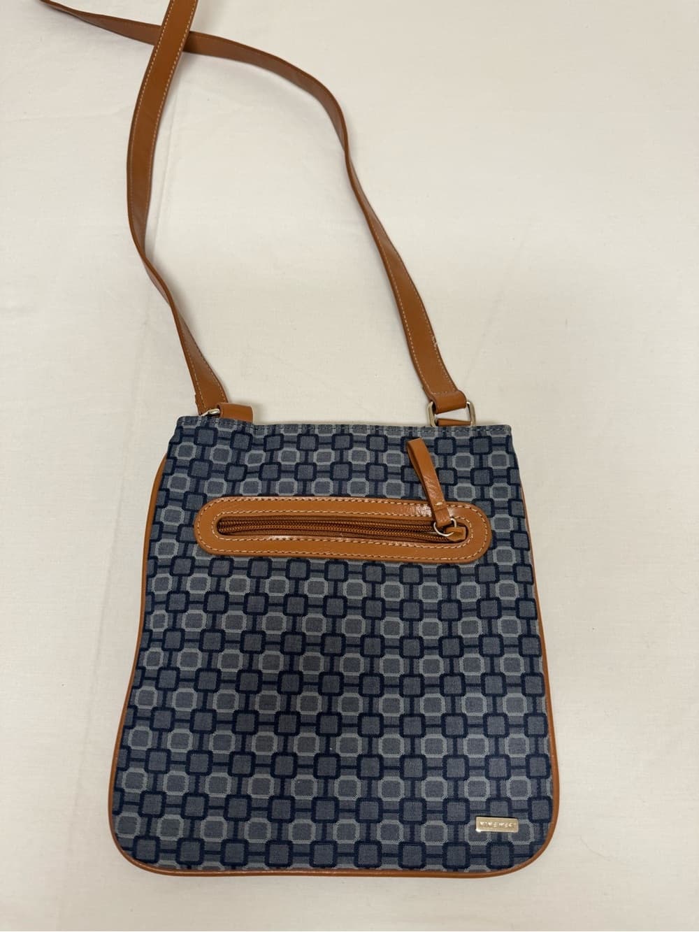 Nine West Blue Gray Logo Print Crossbody Bag Tan Trim Adjustable Strap