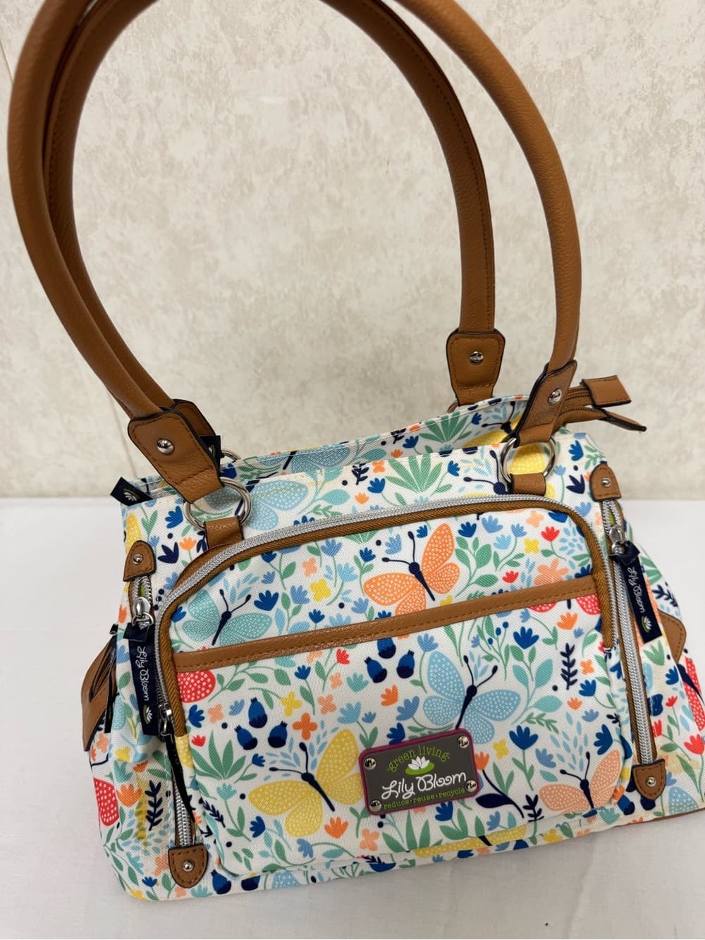 Lily Bloom Multicolor Butterfly Floral Shoulder Bag with Tan Trim